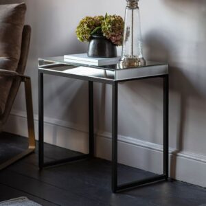 Palma Bevelled Mirror Top Side Table In Black Metal Legs